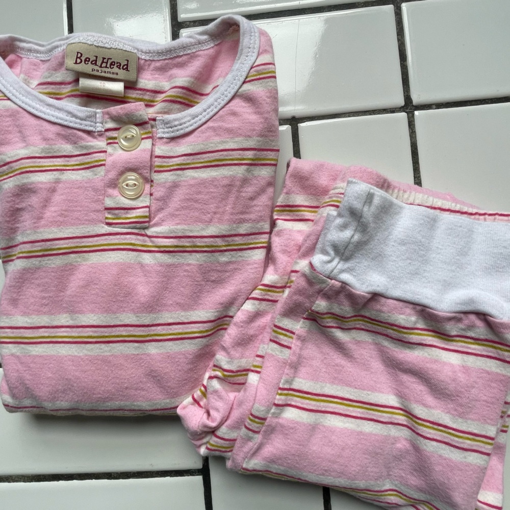 BedHead PJS Bed Head Pajamas Baby Pink Green Striped Preppy Retro Set Girls 10